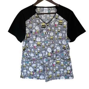 Peanuts Gray and Black Peanuts Charlie Brown Scrub Top - Medium